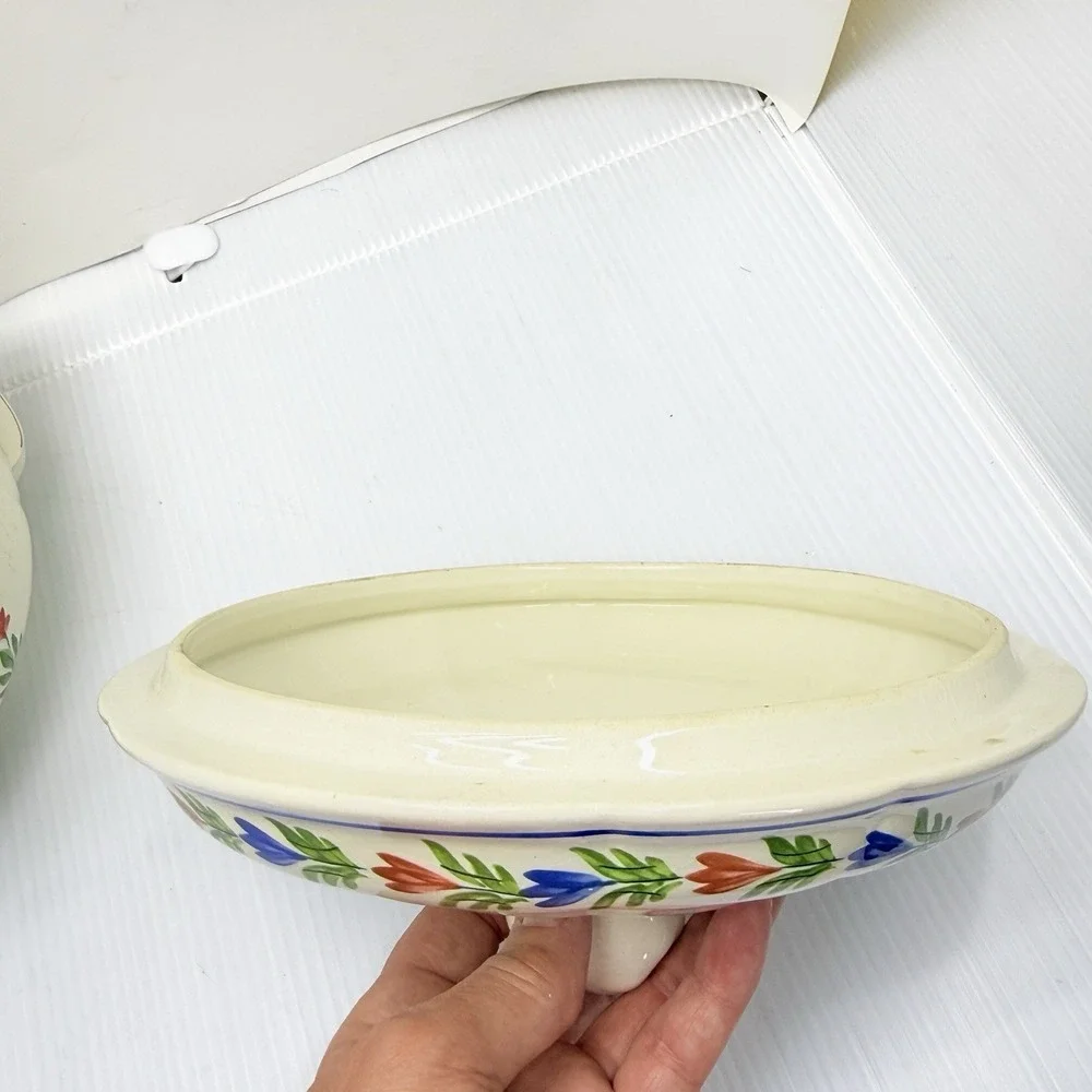 Rare Quimper Style French Château Lidded Serving Dish Covered Hand Painted 9